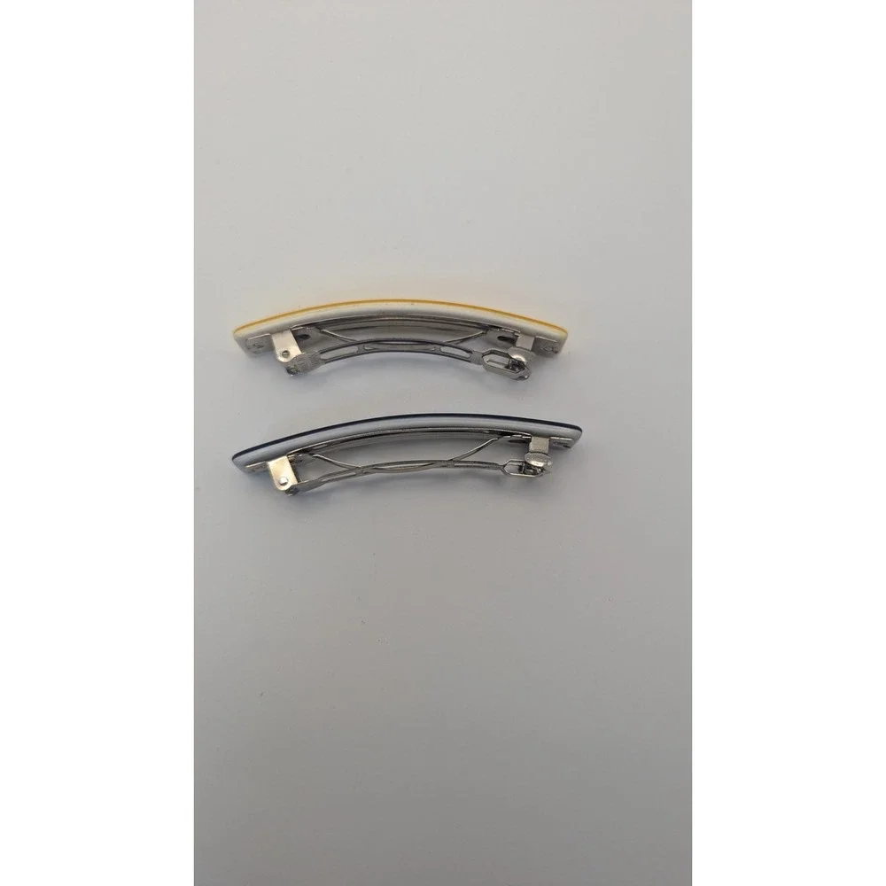 Vintage Made in Taiwan Hair Barrette Set Yellow and Navy Blue Slim Rectangular